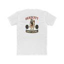 White t-shirt with 'Deadlyft Dad Gang' graphic design on a white background