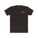 Black t-shirt with a logo on the chest against a white background