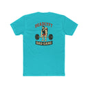 Turquoise t-shirt with graphic design on the back featuring a man lifting weights and text 'DEADLYFT DAD GANG' on a white background.
