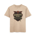 Beige t-shirt with a graphic design featuring a skull and barbell on a white background