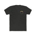 Black t-shirt with a logo on the chest against a white background