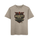 Beige t-shirt with 'Deadly or Die' graphic design on a white background
