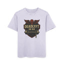 White t-shirt with 'Deadly or Die' graphic design on a white background