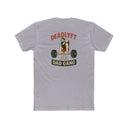 Gray t-shirt with 'Deadlyft Dad Gang' graphic on the back, featuring a man lifting weights and a baby.