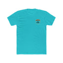Turquoise t-shirt with a small logo on the chest against a white background