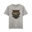 Gray t-shirt with a graphic design featuring a skull and barbell on a white background